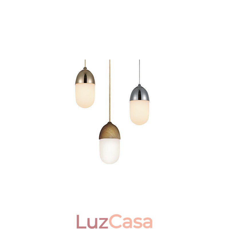 Mini Luminária Pendente Acorn 1 Luz Mordern Simplicity Dourado Cromado Acabamento em Madeira Aço Carbono e Vidro Droplight