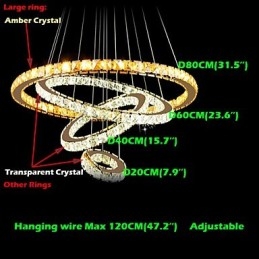 Luminárias Pendentes Luz de Teto Lustre Iluminação Redondo 4 Anéis Grande Anel Cristal Âmbar e Outros Cristais Transparentes