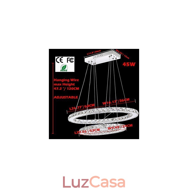 Luminária pendente de cristal moderna com anel duplo oval para