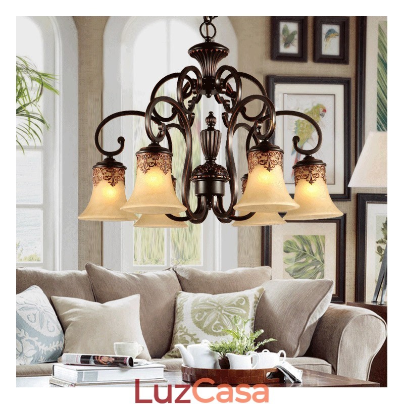 Lustre Pendente 6 Luzes Vintage Country Island Metal+Vidro