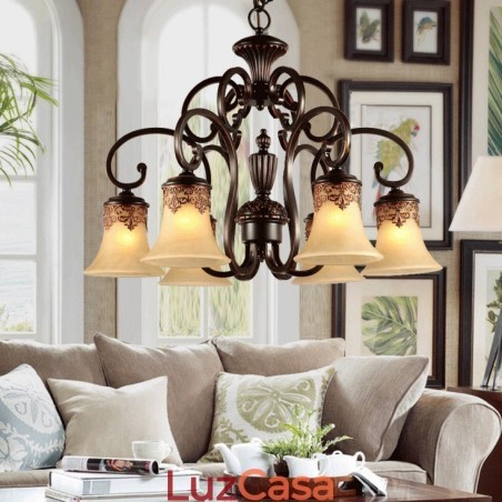 Lustre Pendente 6 Luzes Vintage Country Island Metal+Vidro Lustre Pendente 6 Luzes Vintage Country Island Metal+Vidro