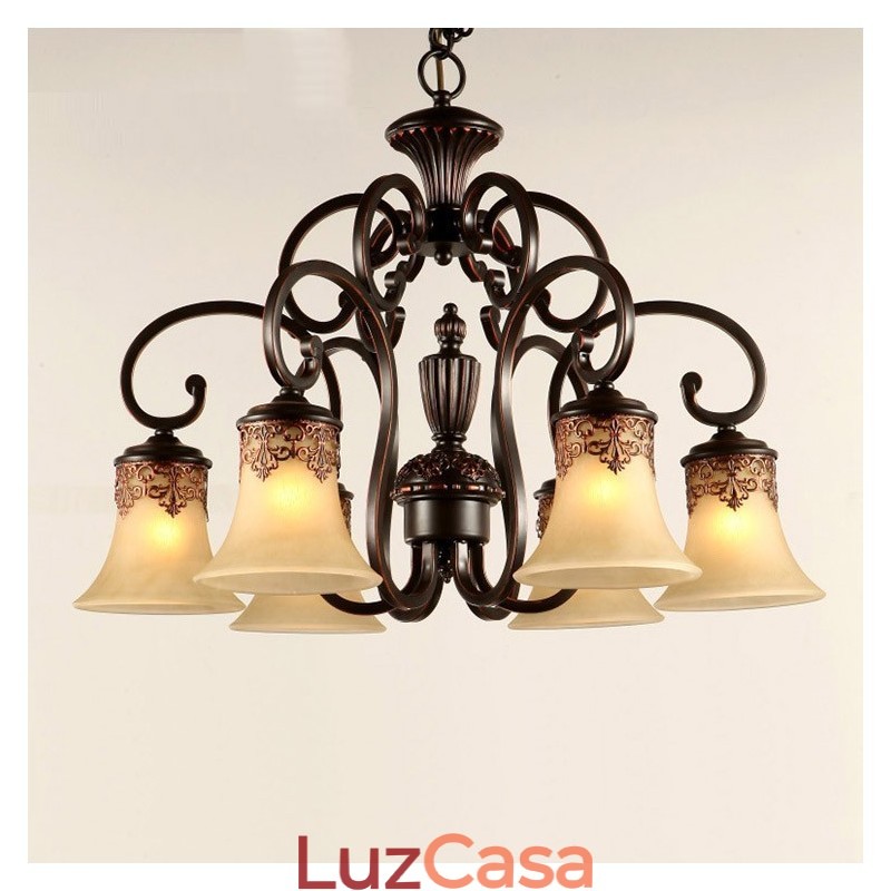 Lustre Pendente 6 Luzes Vintage Country Island Metal+Vidro