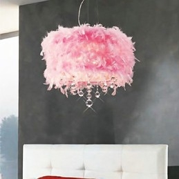 Luminária pendente de cristal com 5 luzes em abajur de penas rosa