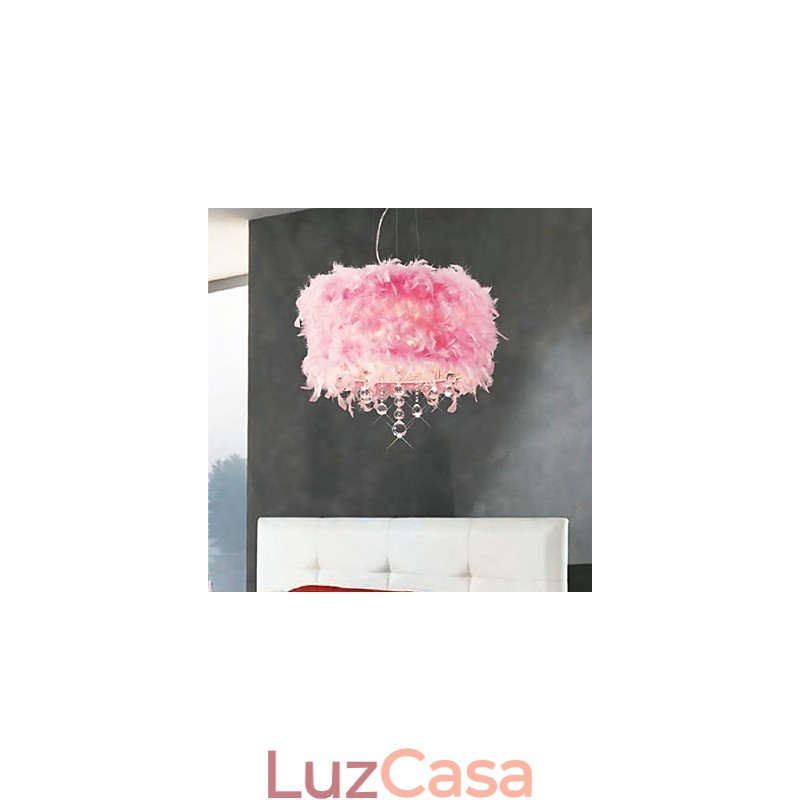 Luminária pendente de cristal com 5 luzes em abajur de penas rosa