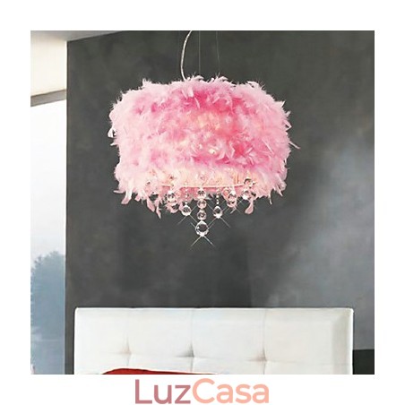 Luminária pendente de cristal com 5 luzes em abajur de penas rosa Luminária pendente de cristal com 5 luzes em abajur de penas rosa