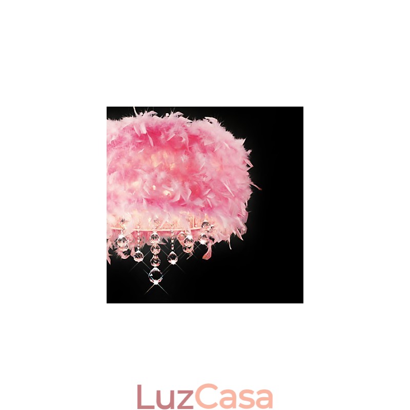 Luminária pendente de cristal com 5 luzes em abajur de penas rosa