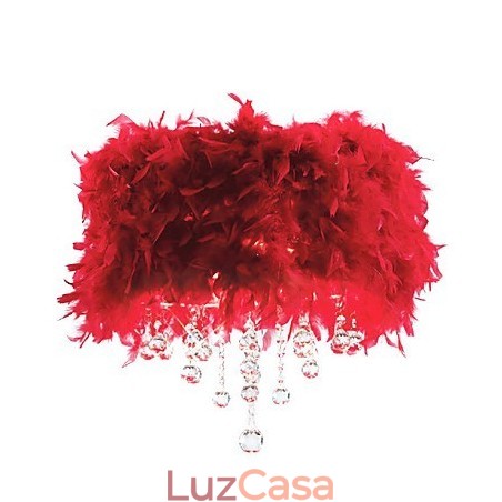 Luminária pendente de cristal com 3 luzes em abajur de pena vermelha Luminária pendente de cristal com 3 luzes em abajur de pena vermelha