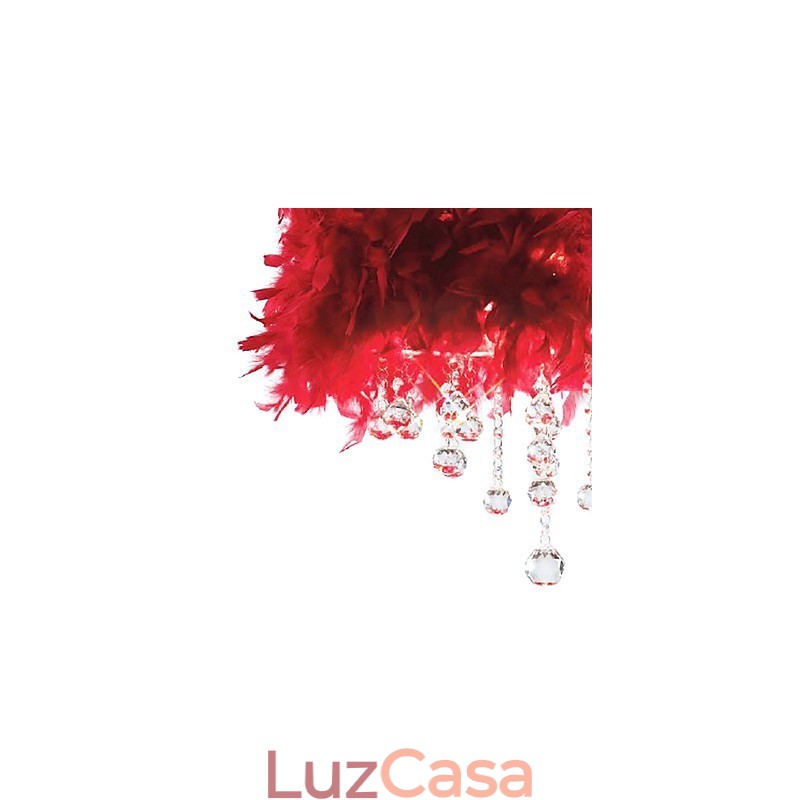 Luminária pendente de cristal com 3 luzes em abajur de pena vermelha