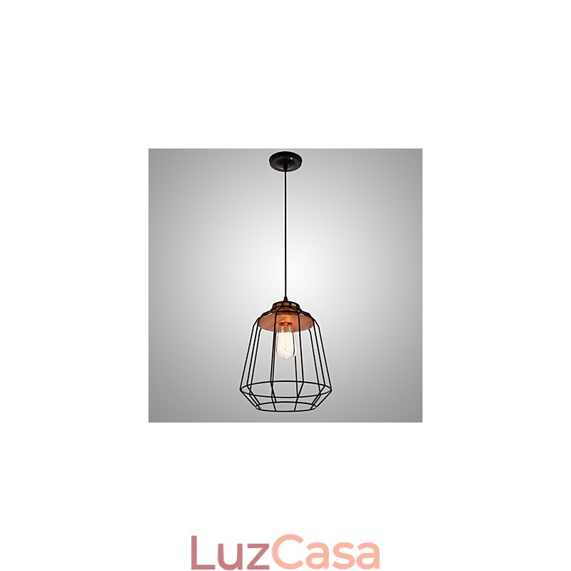 Luminária pendente com pintura em ferro e centro de madeira, luminária de iluminação em gaiola de ferro