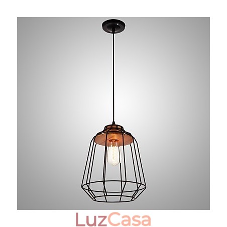 Luminária pendente com pintura em ferro e centro de madeira, luminária de iluminação em gaiola de ferro