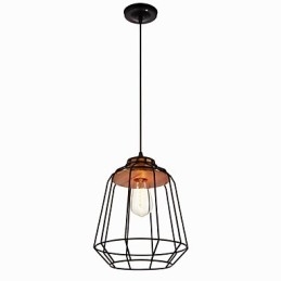 Luminária pendente com pintura em ferro e centro de madeira, luminária de iluminação em gaiola de ferro