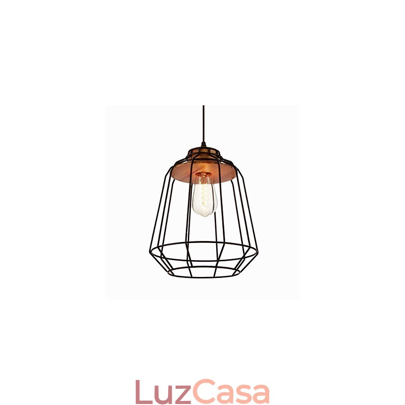 Luminária pendente com pintura em ferro e centro de madeira, luminária de iluminação em gaiola de ferro