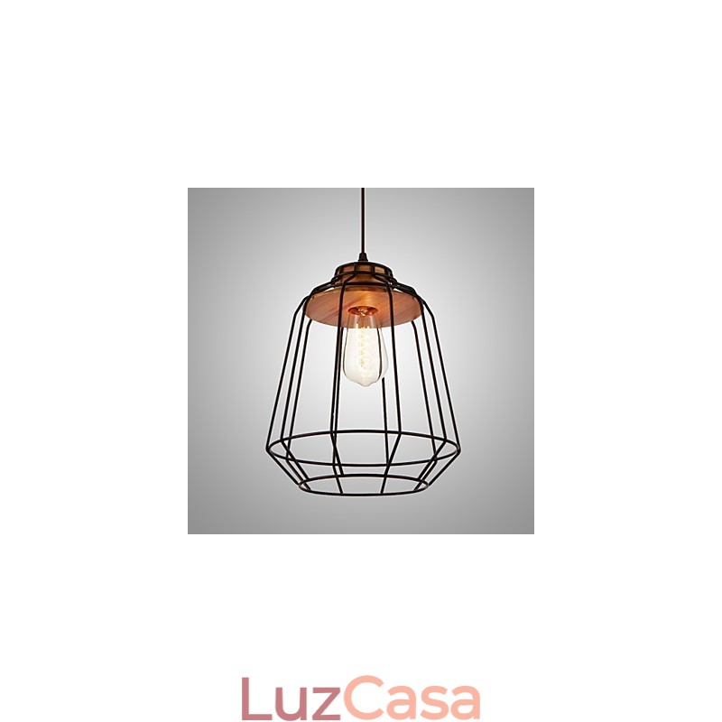 Luminária pendente com pintura em ferro e centro de madeira, luminária de iluminação em gaiola de ferro