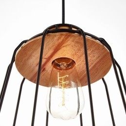 Luminária pendente com pintura em ferro e centro de madeira, luminária de iluminação em gaiola de ferro