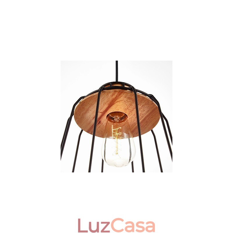 Luminária pendente com pintura em ferro e centro de madeira, luminária de iluminação em gaiola de ferro