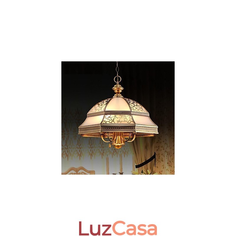 Luminária pendente de latão com seis luzes vintage, cobre total, vidro