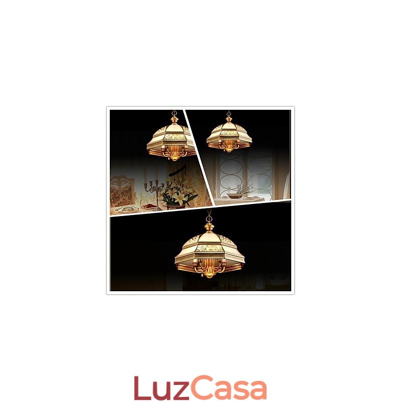 Luminária pendente de latão com seis luzes vintage, cobre total, vidro