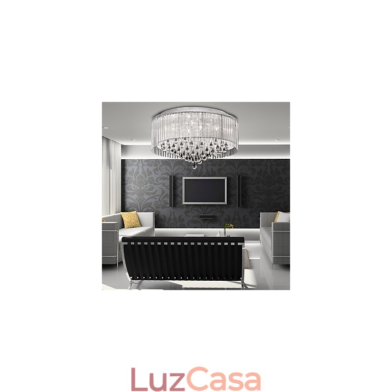 Elegante luminária pendente de cristal com 8 luzes em cúpula cilíndrica