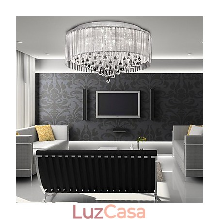 Elegante luminária pendente de cristal com 8 luzes em cúpula cilíndrica Elegante luminária pendente de cristal com 8 luzes em cúpula cilíndrica