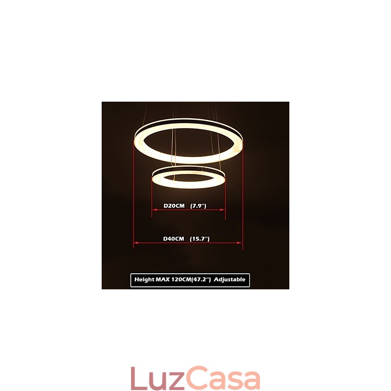 Luminária pendente de acrílico redonda, lustre com 2 anéis, luminárias