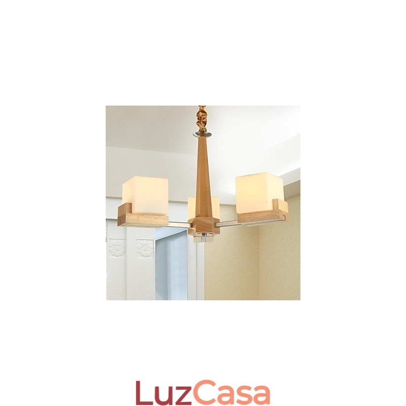Luminária pendente de carvalho com três luzes, carvalho e vidro