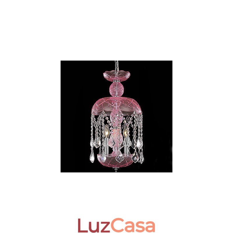 Luminária pendente de cristal moderna com 3 luzes em tom rosa