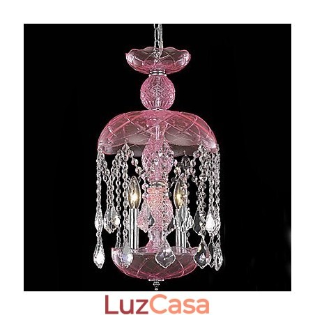 Luminária pendente de cristal moderna com 3 luzes em tom rosa