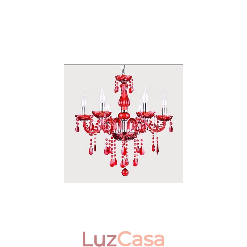 Lustre Cristal Vermelho Luxo Moderno 6 Luzes
