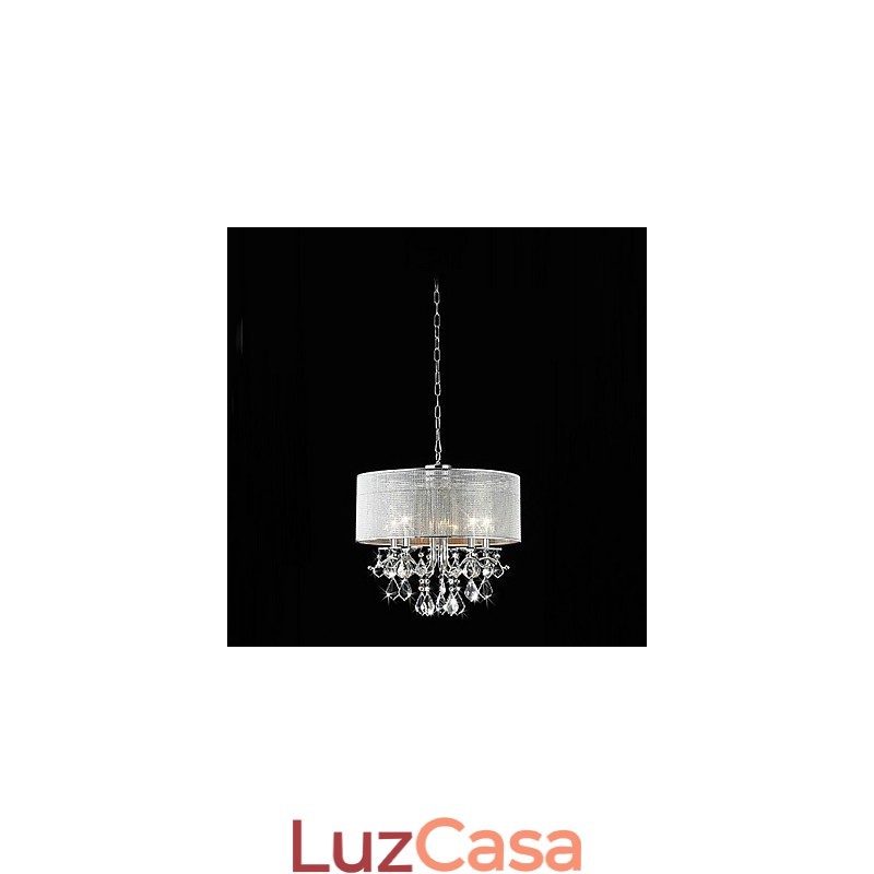 Luminária pendente de cristal moderna com 5 luzes e cúpula de tecido
