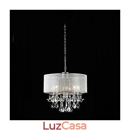 Luminária pendente de cristal moderna com 5 luzes e cúpula de tecido Luminária pendente de cristal moderna com 5 luzes e cúpula de tecido