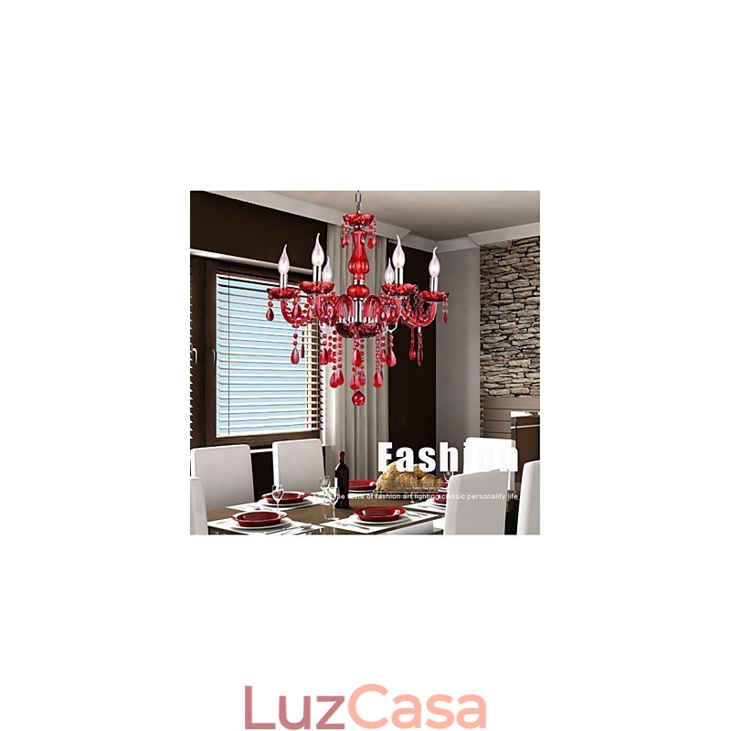 Lustre Cristal Vermelho Luxo Moderno 6 Luzes