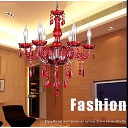 Lustre Cristal Vermelho Luxo Moderno 6 Luzes
