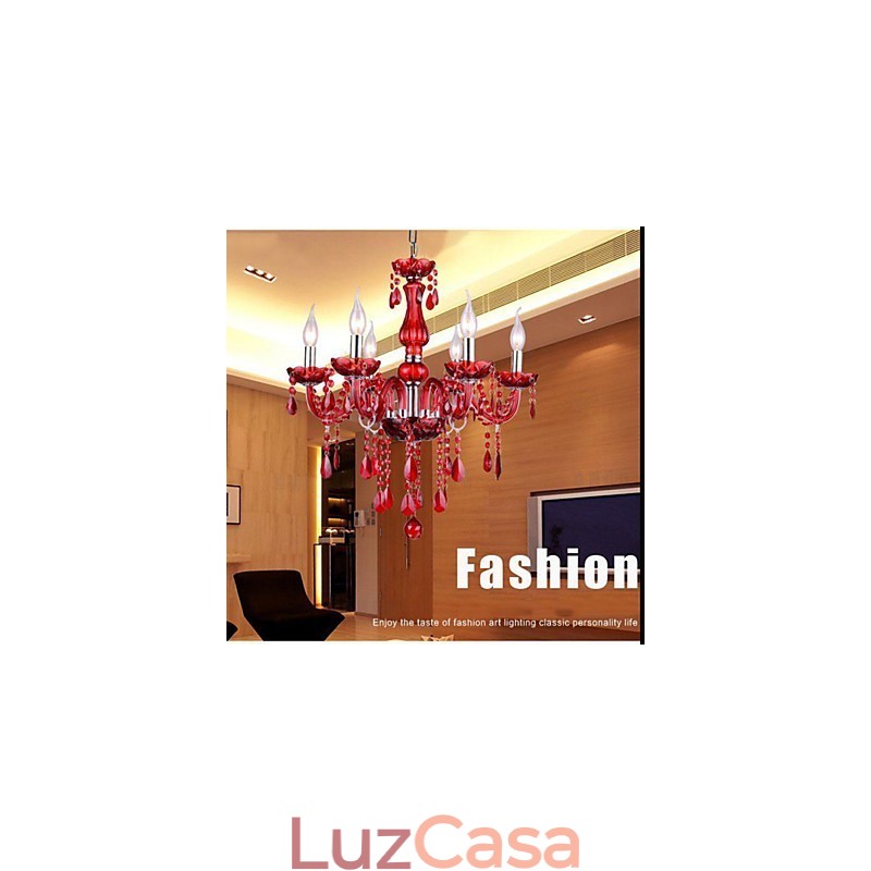 Lustre Cristal Vermelho Luxo Moderno 6 Luzes