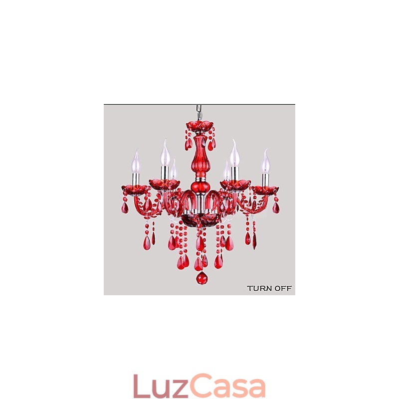 Lustre Cristal Vermelho Luxo Moderno 6 Luzes