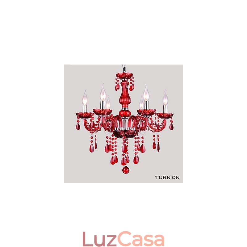Lustre Cristal Vermelho Luxo Moderno 6 Luzes