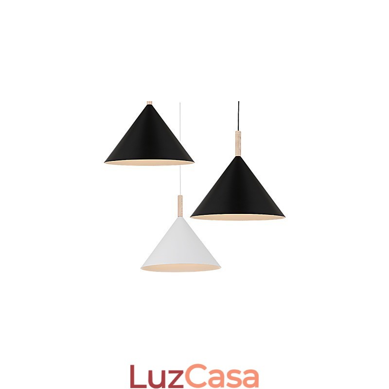 Mini Luminária Pendente Cone Artística 1 Luz Acabamento Mordern Simplicity Preto Branco Alumínio e Droplight de Madeira