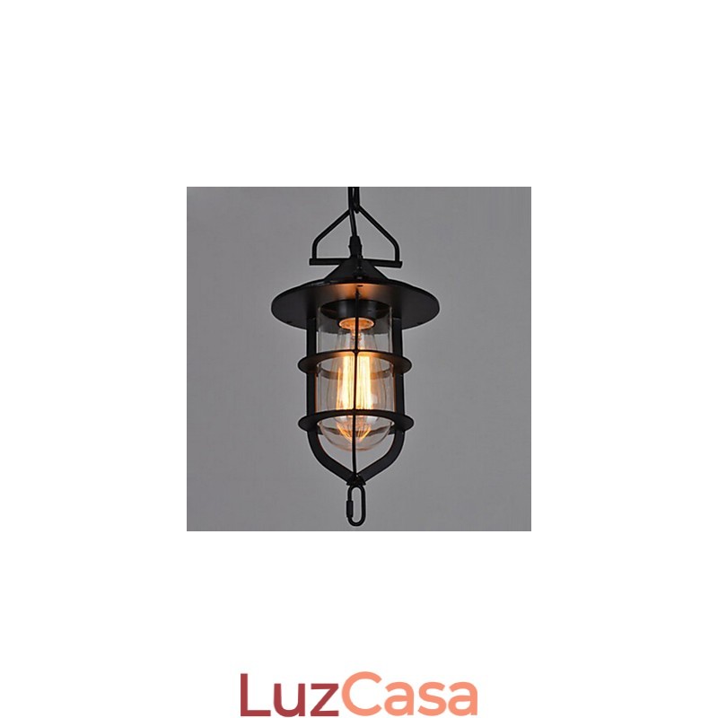 Luminária pendente média vintage em formato de gaiola preta com vidro e tampa de metal