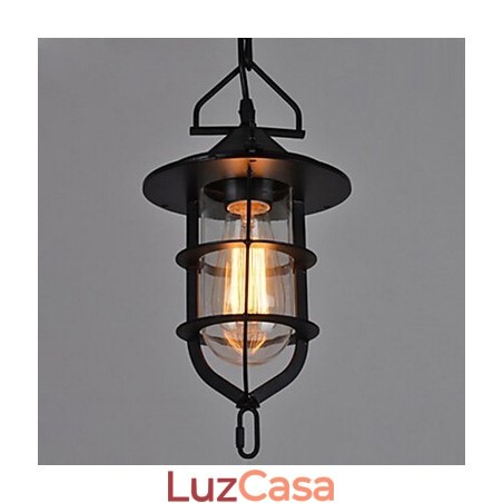 Luminária pendente média vintage em formato de gaiola preta com vidro e tampa de metal