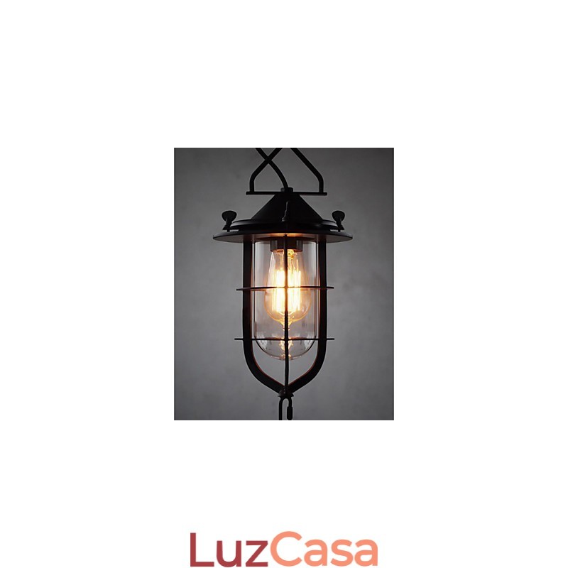 Luminária pendente média vintage em formato de gaiola preta com vidro e tampa de metal