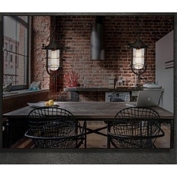 Luminária pendente média vintage em formato de gaiola preta com vidro e tampa de metal