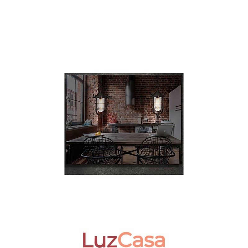 Luminária pendente média vintage em formato de gaiola preta com vidro e tampa de metal