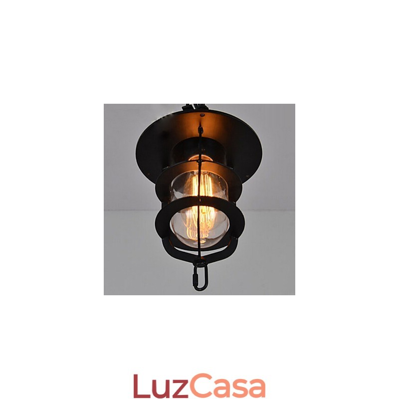 Luminária pendente média vintage em formato de gaiola preta com vidro e tampa de metal