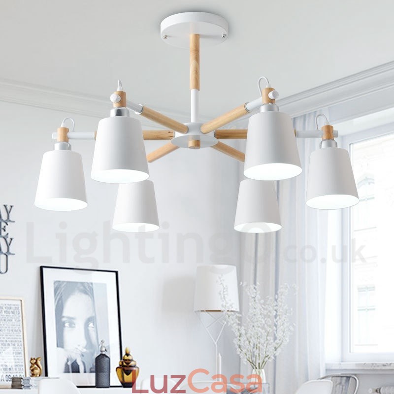 Lustre moderno contemporâneo de madeira com 6 luzes