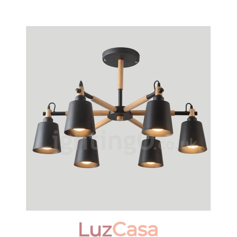 Lustre moderno contemporâneo de madeira com 6 luzes