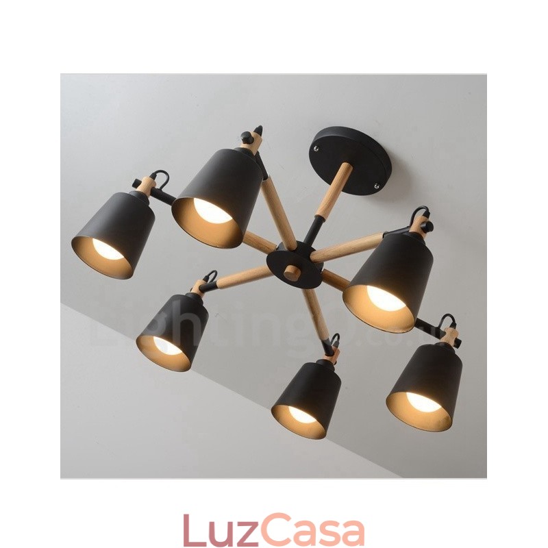 Lustre moderno contemporâneo de madeira com 6 luzes