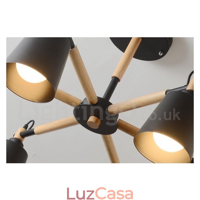 Lustre moderno contemporâneo de madeira com 6 luzes