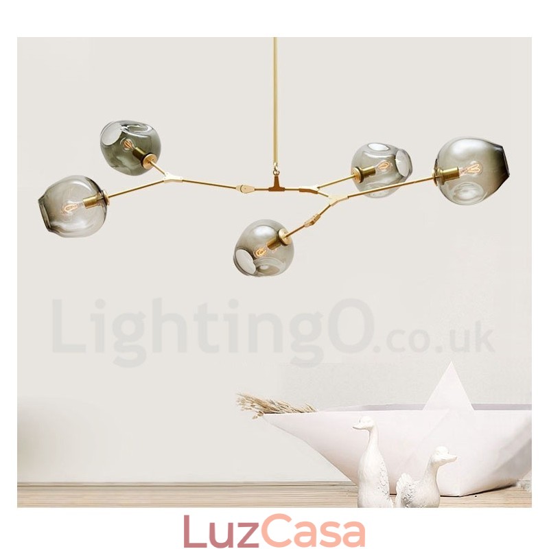 Lustre moderno contemporâneo de 5 luzes com abajur de vidro
