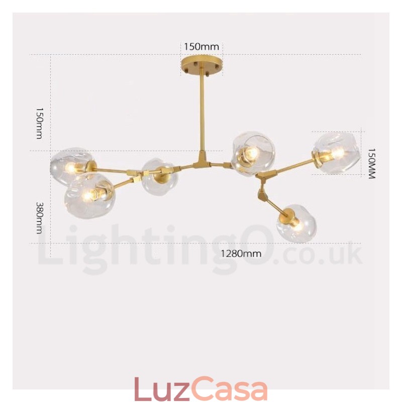 Lustre moderno contemporâneo de 6 luzes com cúpula de vidro transparente e luz