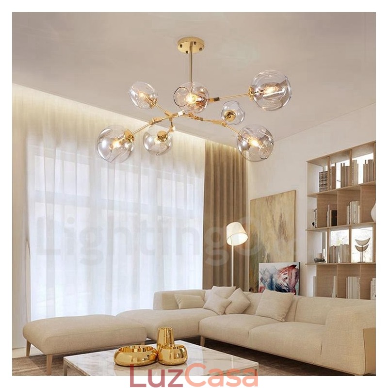 Lustre moderno contemporâneo de 7 luzes com cúpula de vidro transparente e lâmpada