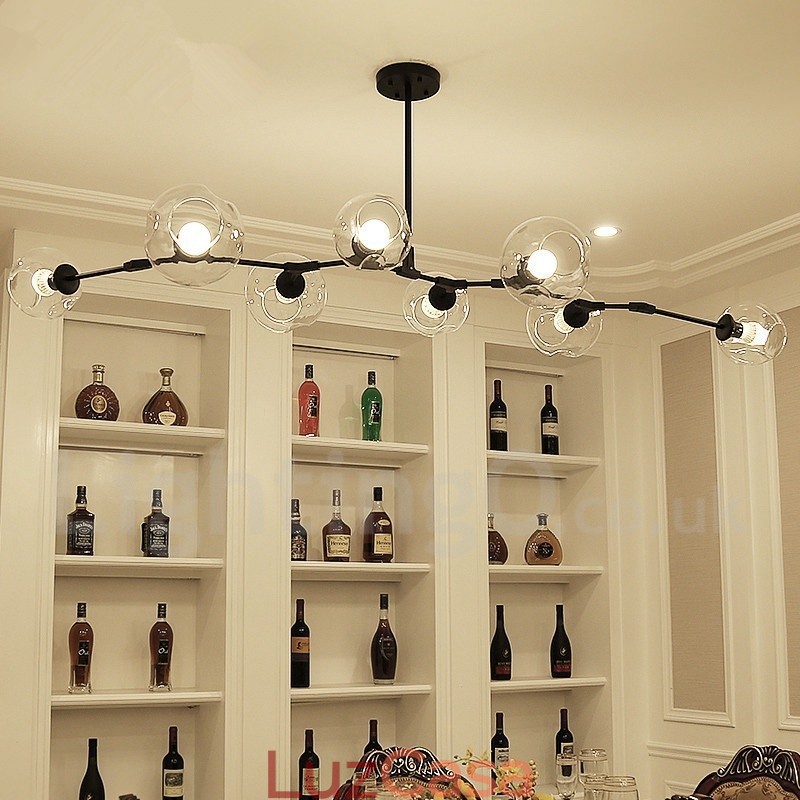 Lustre moderno contemporâneo de 8 luzes com cúpula de vidro transparente e lâmpada (preto dourado)